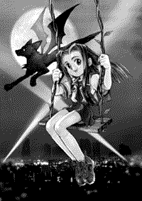 The assumed protagonist of Princess Maker 4 on a swing with a city skyline in the background at night, flanked by the shadow of demon companion Cube behind her.