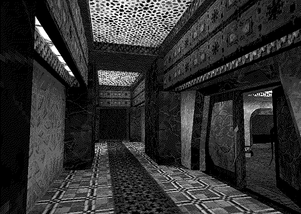 A view of a hallway lined with ornamental, rhombic grid patterns on the floor and ceiling, one door slightly adjar.