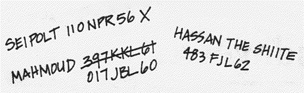 Three handwritten commcode numbers; SEIPOLT 110NPR56 X, HASSAN THE SHIITE 483FJL62, MAHMOUD 017JBL60.