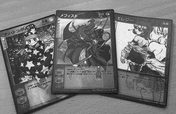 Three fan-made Devil Children Trading Card Game cards with Hideaki Fujii's art of Nacht Kobold, Mephisto and Elegy on them.
