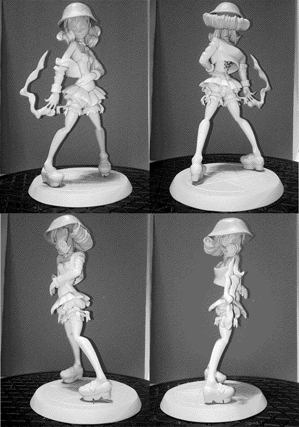 Four panel image of an unpainted figure of Elegy standing on a sigil.