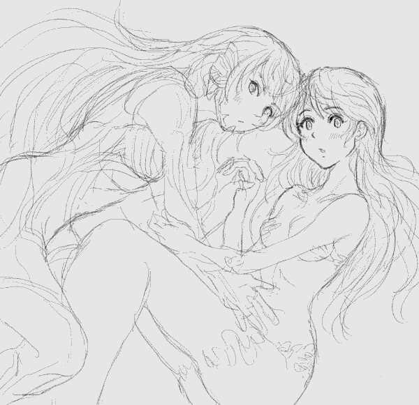 A sketch of the Nahobino from Shin Megami Tensei V holding hands with a mermaid.