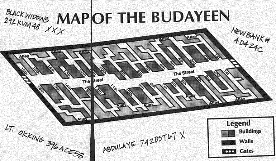 A visual map of the Budayeen with commcodes scrawled in the margins. Commcodes are; BLACK WIDOWS 292KVM48 XXX, LT. OKKING 396ACE58, NEW BANK # 4D424C, ABULAYE 742DST67 X.