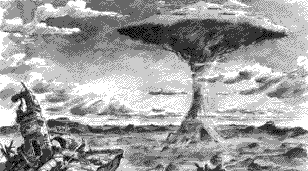 An illustration of the world tree off the coast of an island with ruins visible.