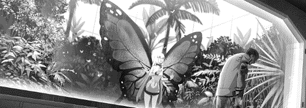 A four armed young lady with the wings and antenna of a Ulysses butterfly in a contained glass greenhouse, watching a wounded man with a keycard shuffling offscreen.