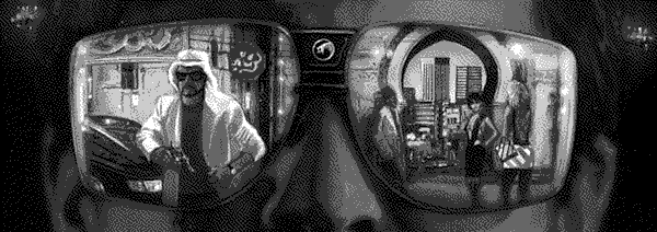 A man wearing augmented sunglasses reflecting a series of images of a city at night, including an Arabic man pulling out a gun, two prostitutes soliciting customers, and middle eastern palatial structures adorned with skyscrapers off in the distance.