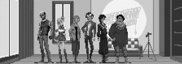 Most of the main cast of D2 Megaten rendered in the style of Shin Megami Tensei for the Super Famicom