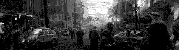 A matte painting of a street packed with abandoned cars, people in robes, and palm trees.