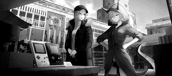 Two monster girls surveying a table with a few old games, including Devil Children Black Book. The girl on the left is Matsuba's OC. The girl on the right is a Xana expy commissioned from SMT Imagine artist Yuuki Kodama.