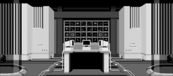 A laboratory background filled with many computers.