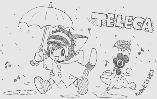 A simple line drawing of Milenya, a mouse and a frog running around in the rain.